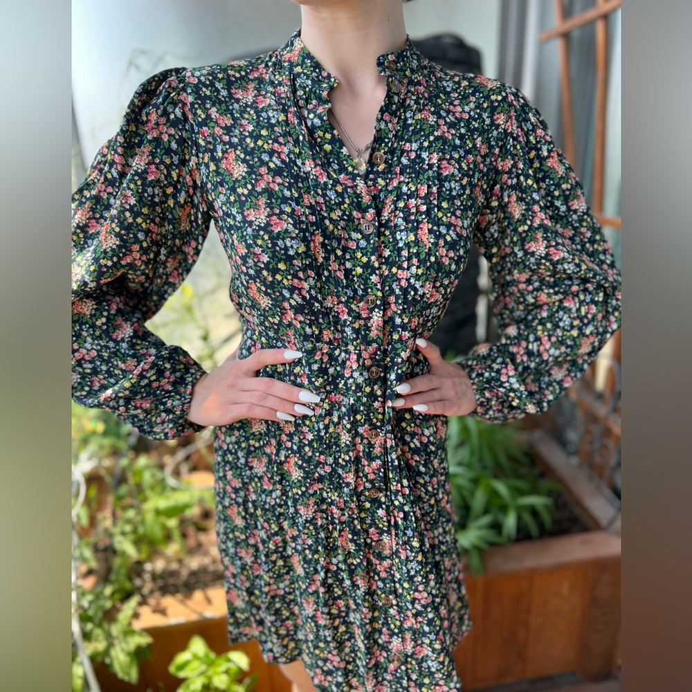 Sezane Dark Green Floral Mini Dress with Striped Waist Sash - Picture 10 of 13